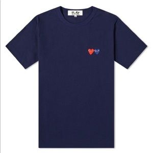 Comme des Garcons PLAY Navy Short Sleeve Tee with Red & Blue Heart Logos